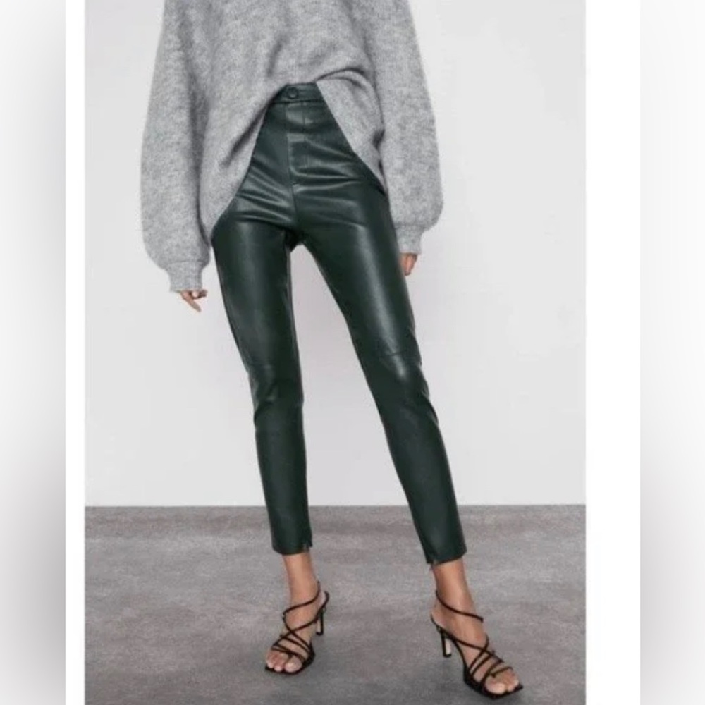 ZARA Faux Leather Green High Rise Pant Blogger favorite Legging Size M